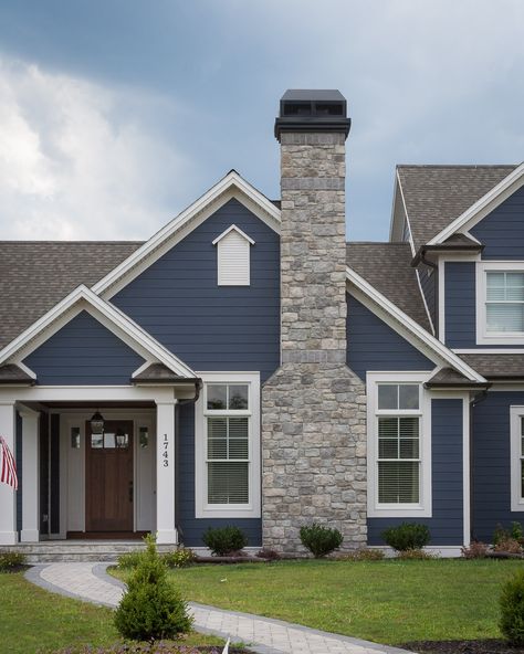 Chimney In Front Of House Exterior, Blue Siding House, Eldorado Stone, Blue Siding, Exterior Fireplace, Exterior House Remodel, Stone Chimney, Exterior Remodel, House Siding