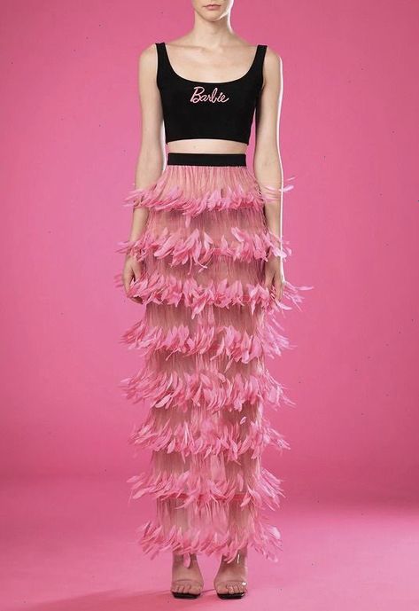 “I MEAN LOOK A THE MATERIAL, THAT SKIRT???? UGH.” Jean Louis Sabaji, Feather Skirt, Statement Dress, Pink Feathers, Pink Outfits, Barbie Fashion, Pink Tops, Editorial Fashion, Dress Making