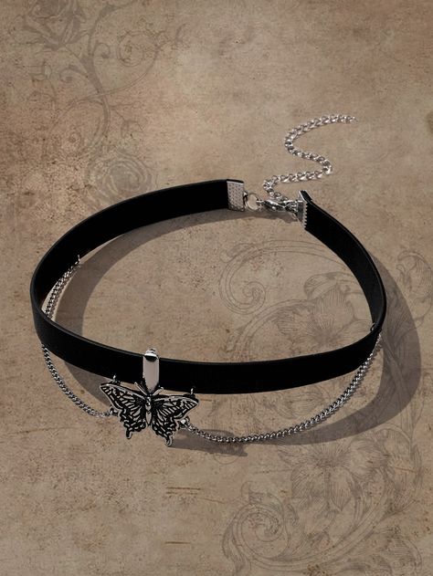 Silver  Collar  Zinc Alloy   Embellished   Women's Fashion Jewelry Butterfly Themed Accessories, Neck Assesories Aesthetic, Alt Choker, Fairycore Butterfly, Cute Choker Necklaces, Butterfly Choker, Choker Silver, Embellished Fashion, Butterfly Decor