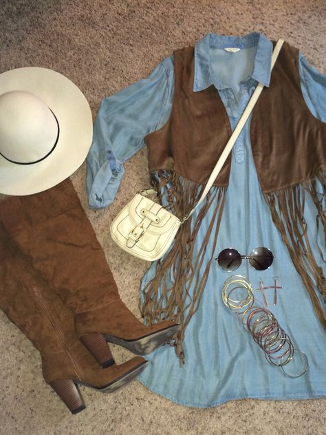 Today, I'm in a BOHO state of mind....one of my all-time face fashion trends! So, here's a little Boho outfit inspiration! Enjoy! Fringe vest, Floppy Brim hat and sunglasses from Forever21, Chambray Shirtdress from Kohl's,  Boots (Cornelia) from JustFab, Crossbody bag from Aldo, Bangles & Cross earrings from Country Outfitters. Remember: Bear with me y'all! I'm on the journey of starting a new Fashion Blog (Faith2Fashion.com) for we curvy gals over 40 (although everyone is welcome) Fringe Vest Outfit Country, Curvy Western Outfits, Curvy Cowgirl Outfits, Cute Outfits With Hats, Fringed Vest Outfit, Stampede Outfit, Summer Country Concert Outfit, Trajes Country, Hat And Sunglasses