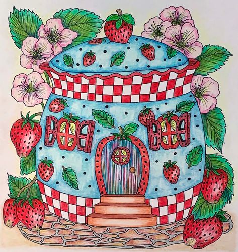 Story Book Cottages, Strawberry House Drawing, Strawberry Fairy House, Fairy World Drawing, Fairy House Painting, Fairy House Drawing, Fairy Garden Drawing, Strawberry House, Strawberry Fairy