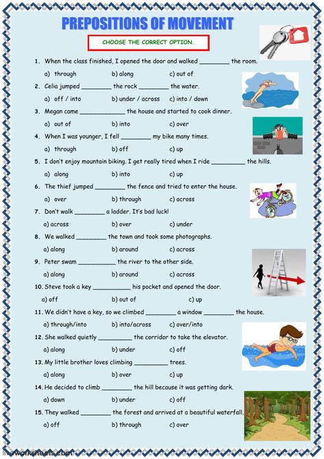 Prepositions of movement interactive and downloadable worksheet. You can do the exercises online or download the worksheet as pdf. Preposition Worksheets For Grade 4, Preposition Of Movement Worksheet, Preposition Of Movement, Prepositions Worksheets, Preposition Worksheets, English Prepositions, English Grammar Exercises, Moral Stories For Kids, English Exercises