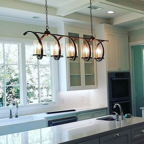 Lighting Ideas Kitchen, Light Fixtures Kitchen, Kitchen Light Fixtures, Eclectic Lighting, Colorado Style, Island Light Fixtures, House Planning, Rustic Light Fixtures, Rectangular Chandelier