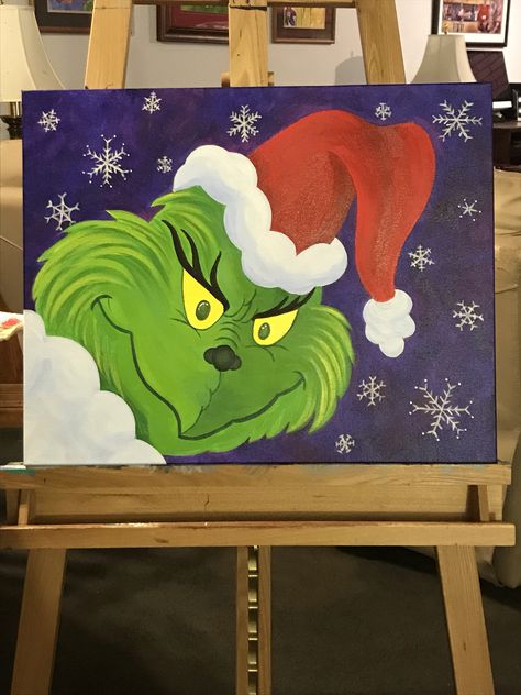 Acrylic painting 16x20 The Grinch The Grinch Christmas Painting, Simple Grinch Painting, The Grinch Painting Ideas, Christmas Grinch Painting, Grinch Christmas Painting Canvases, Diy Grinch Painting, Grinch Painting On Canvas Easy, Christmas Paintings Grinch, Grinch Paintings On Canvas