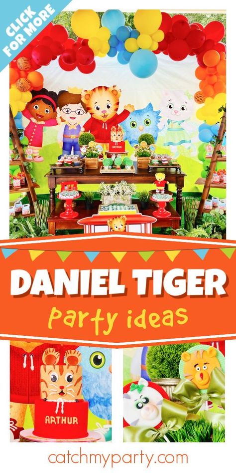 Check out this fun Daniel Tiger birthday party! The cake is awesome! See more party ideas and share yours at CatchMyParty.com Daniel Tiger Neighborhood Birthday Ideas, Daniel Tiger Centerpiece Ideas, Daniel The Tiger Birthday Party, Daniel Tiger Party Decorations, Daniel Tiger Cake, Animal Themed Party, Daniel Tiger Party, Daniel Tiger Birthday Party, Tiger Birthday Party