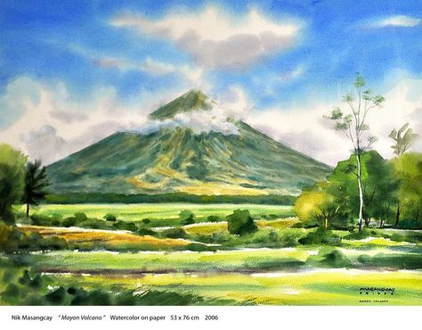 Mayon Volcano Mayon Volcano Painting, Volcano Drawing, Mayon Volcano, Clear Skin Face Mask, Filipino Art, Clear Skin Face, Watercolor Art Prints, New Artists, Volcano