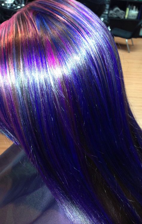 Purple blue and pink Blue And Pink Skunk Stripe Hair, Black Blue And Pink Hair, Pink And Blue Highlights, Purple Blue Highlights Black Hair, Twilight Sparkle Hair, Black Hair With Blue And Purple Streaks, Twilight Sparkle Hair Dye, Pink Purple Blue Hair Streaks, Pink And Blue Scene Hair