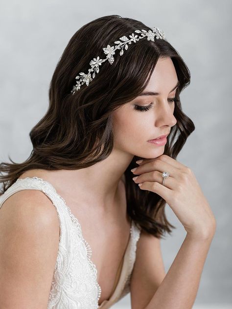 2068 — Bel Aire Bridal Headband Curls, Reception Hairstyles, Bridal Hair Down, Wedding Hair Headband, Bride Headpiece, Tiara Hairstyles, Headpiece Hairstyles, Wedding Hair Inspiration, Short Wedding Hair