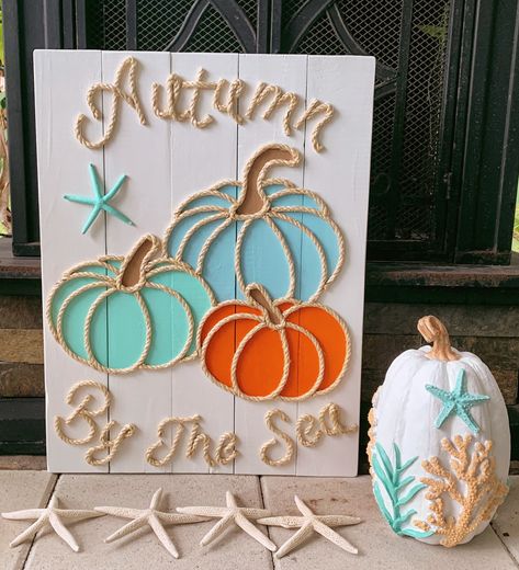 Coastal Fall Decor Ideas, Coastal Pumpkins, Coastal Fall Decor, Coastal Fall, Redecorating Ideas, Fall Beach, Coastal Theme, Coastal Holiday, Handmade Mermaid