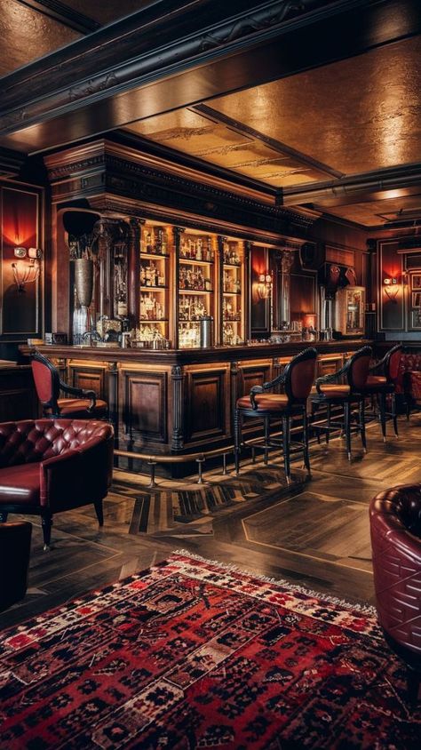 Pub And Restaurant Design, High Class Restaurant Interior, Rustic Bar Ideas Restaurant, Cool Bar Interior Design, Dark Speakeasy Aesthetic, Burgundy Restaurant Interior, Bar Inspo Interior Design, Vintage Speakeasy Aesthetic, Bar Interior Design Pub