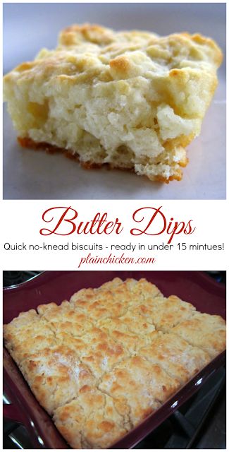 Butter Dips Biscuit Recipe - only 6 simple ingredients! You probably have them in your pantry right now! No-kneading at all! Just mix dough together and pat down in pan. Ready in under 15 minutes! Butter Dips, Biscuit Bread, Easy Butter, Biscuit Rolls, Biscuits Easy, Homemade Biscuits, Biscuit Recipe, Bread Dough, Sweet Savory