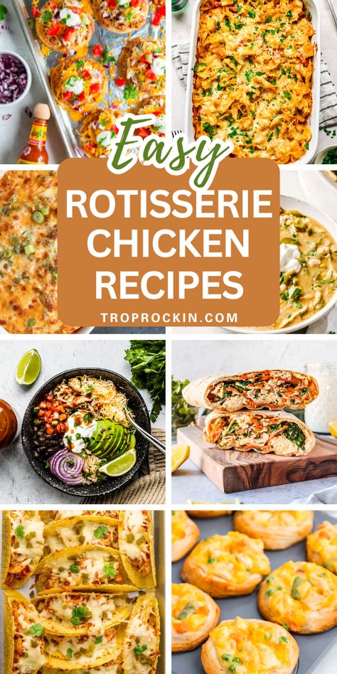 Looking for easy chicken dinner recipes? These rotisserie chicken recipes are a great way to make easy dinner recipes. Since the chicken is already cooked, dinner is on the table fast. Meal Ideas Rotisserie Chicken, Crockpot Recipes Easy Cheap Dinners Rotisserie Chicken, Meals With A Rotisserie Chicken, Rotassaire Chicken Recipes, Recipes For Leftover Roasted Chicken, Dinner Recipe With Rotisserie Chicken, Supper Ideas With Rotisserie Chicken, Roastissere Chicken Meals, Simple Rotisserie Chicken Recipes