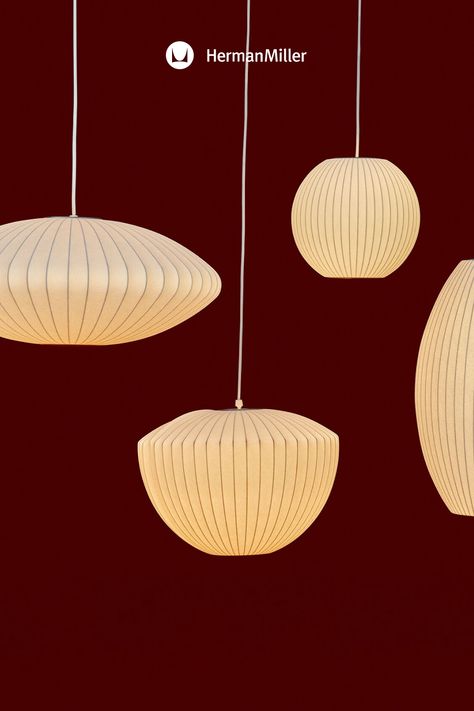 a bunch of lamps hanging from the ceiling in a room Herman Miller Light, Nelson Bubble Pendant, Nelson Bubble, Designer Ceiling Lights, Lantern Ceiling Lights, Designer Ceiling, Office Decor Professional, Modern Office Decor, Dining Room Pendant