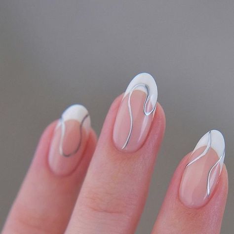 Amber on Instagram: "White tips always feel so fresh!🤍 Created using @the_gelbottle_inc Daisy & Mirror chrome studio gel #frenchmanicure #frenchnails #nailinspo #nailideas #silvernails #almondnails #swirlynails #minimalnails #nailart #thegelbottleinc #thegelbottle #biab" Minimal Chrome Nail Art, Silver Biab Nail Designs, Daisy Mirror, French Tip Nail Ideas, Edward Scissor, Scissor Hands, Biab Nails, Nail Board, White Tips