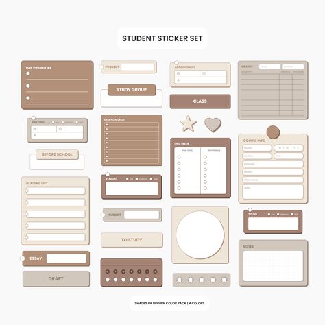 Student Sticker Pack - Shades of Brown ultimateplanner #kidsdailyplanner Writing Paper Template Aesthetic, Notebook Page Template, To Do List Template Aesthetic, Good Notes Sticker, Planners Aesthetic, Student Stickers, Digital Sticky Notes, Study Stickers, Digital Workspace