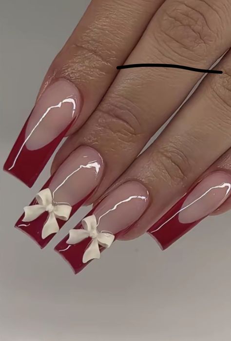 Red French With Bow, White French Tips With Red Bow, Red French Tip With Bow, Red French Nail Designs, Red Nails With Charms, French Tip Red Nails, Red Nails With Bow, French Tip Red, Nails With Charms