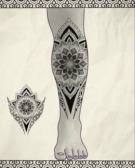 Maori Tattoo Designs Leg, Mandala Leg Tattoo, Geometric Tattoo Stencil, Yantra Tattoo, Shin Tattoo, Geometric Mandala Tattoo, Full Sleeve Tattoo Design, Geometric Tattoos, Flower Tattoo Arm