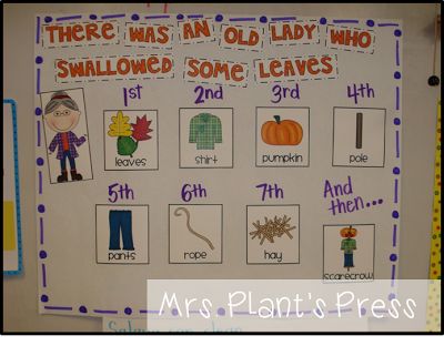 Mrs. Plant's Press: FREEBIE Old Lady Who Swallowed some leaves! {Sequencing cards and student page included!} Sequencing Anchor Chart Kindergarten, Old Lady Who Swallowed Some Leaves, Autumn Teaching Ideas, October School, Fall Themes, October Ideas, Sequencing Cards, Fall Lessons, Kindergarten Themes