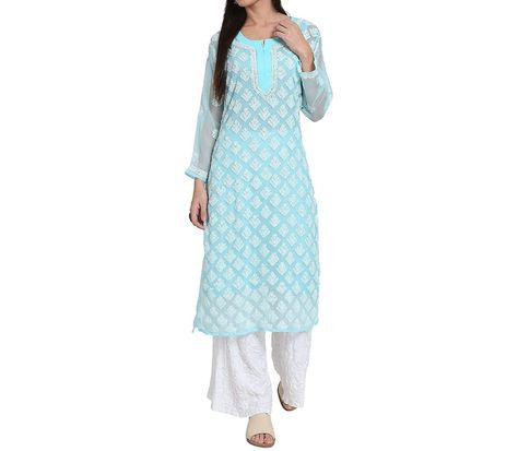 Chikankari Kurta Palazzo for Women,Faux Georgette Kurta Pants and Matching Slip Women,Aqua Blue Color and Sharara Lucknowi Kurtis For Women Georgette Chikankari Kurta, Long Kurti Patterns, White Sharara, Chikan Embroidery, Kurti Pattern, Embroidery Kurta, Chikankari Kurta, Chikankari Suits, Cotton Camisole