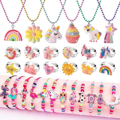 jewelry for toddler girls age 3 LITTLE GIRLS JEWELRY SET: Come with 6 unicorn necklaces, 12 unicorn rings and 12 woven friendship bracelets, totally 30pcs party favors jewelries. Very sweet and lively, enough quantity and styles to match different dress up, It is also great for kids to share with their friends MULTIPLE OCCASIONS: With vivid cartoon unicorn designs, this dress up jewelry set is perfect for princess theme party, birthday party, carnivals, tea party, dress up party, Christmas, Easter, Valentine's Day, and other occasions. In addition, this pretend jewelry set also can be served as a beautiful decoration in her little princess house. Absolutely a huge hit for little girl age 4-6 ADJUSTABLE SIZE: Necklace with lobster clasp design, bracelet with elastic cord design, ring with f