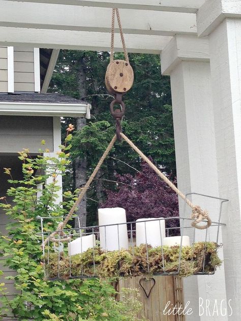 DIY Hanging Wire Basket On An Old Pulley Basket Hanging On Wall, Spray Painted Baskets, Pulley Ideas, Small Chalkboard Signs, Copper Basket, Hanging Wire Basket, Boho Lamp, Garden Fairies, Small Chalkboard