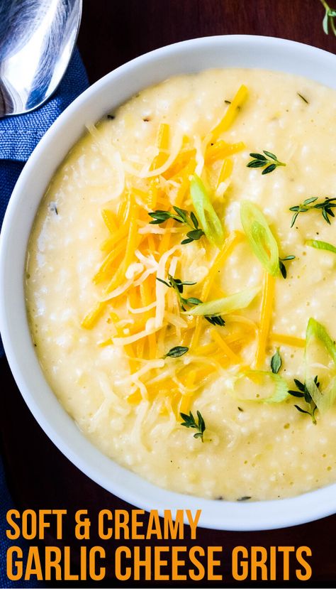 Use real stone ground grits for this easy, Southern recipe. This one is loaded with cheddar and fontina cheese (though you could use gruyere, gouda or others) along with a head of sweet roasted garlic. You'll want these soft, creamy grits for breakfast with an egg or as a side dish for dinner with slow roasted pork or Cajun shrimp. #stonegroundgrits #cheesegrits Garlic Grits Recipe, Grits Side Dish, Goat Cheese Grits Recipe, Jalapeno Cheddar Grits, Cheesy Garlic Grits, Corn Grits Recipe, Grits Dishes, Baked Cheesy Grits, Garlic Grits