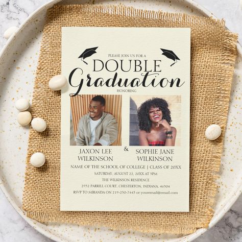 Cream Double Graduation 2 Photo Graduation Party Invitation Graduation Party Invitations For Two People, Double Graduation Party Invitations, Double Graduation Party Ideas, Twins Graduation, Graduation Party Invitation Wording, Grad Party Invitations, Bubble Gift, Diy Graduation Cap, Grad Party Decorations