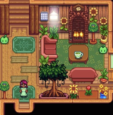 Aesthetic Stardew Valley Farms No Mods, Stardew Home Layout, Stardew Valley House Interior First Upgrade, Stardew House Exterior, Sdv Decoration Ideas, Cute Stardew Valley House, Stardew Valley House Interior Ideas Cute, Stardew Valley House Interior Living Room, Stardew Valley House Interior No Mods Green