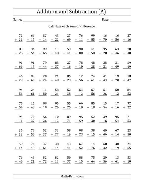 The 100 Two-Digit Addition and Subtraction Questions with Sums/Minuends to 99 (A) math worksheet from the Mixed Operations Worksheet page at Math-Drills.com. Grade 2 Math Worksheets Addition And Subtraction, Math For 2nd Grade Worksheets, Addition And Subtraction Worksheets 2nd, Math Worksheets 2nd Grade, Subtraction Facts Worksheet, Two Digit Addition, Math Facts Addition, Math Fact Worksheets, Math Addition Worksheets