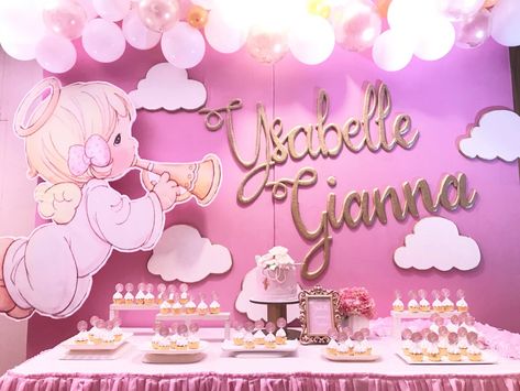 Precious Moments Decorations Party, Precious Moments Party Theme, Precious Moments Birthday Party, Baptismal Theme Girl Backdrops, Precious Moments Baby Shower Theme, Precious Moments Baby Shower Ideas, Angel Theme Birthday Party, Precious Moments Party, Precious Moments Birthday