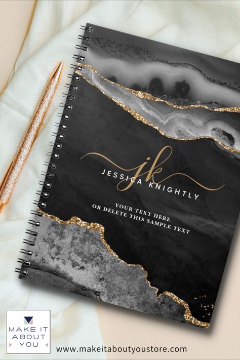 Personalized black agate, geode and marble spiral notebook with gold glitter sparkle and elegant calligraphy script monogram initials and name for a stylish or professional look. Resin Notebook Cover Ideas, Black And Gold Calligraphy, Monogram Notebook, Script Initial, Gold Calligraphy, Elegant Calligraphy, Resin Wall Art, Script Monogram, Calligraphy Script