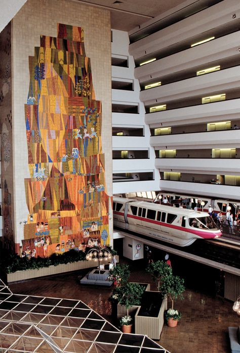 Disney Resort Hotels, Disney's Contemporary Resort - Lobby, Walt Disney World Resort Disney Contemporary Resort, Disney Lifestyle, Disney Resort Hotels, Mary Blair, Contemporary Resort, Retro Disney, Contemporary Hotel, Disney Hotels, Walt Disney World Vacations