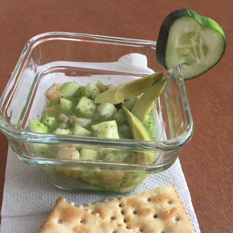 Ceviche Verde, Salsa Verde, Brussel Sprout, Cilantro, Kiwi, Pickles, Cucumber, Takeout Container, Seafood