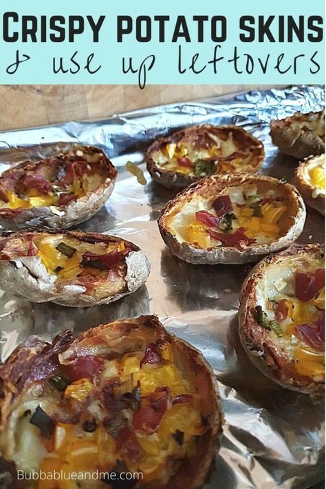 Make these loaded crispy potato skins, using up leftover jacket potatoes once you've used the mash inside. Top with cheese and toppings of choice. They're great for games or film nights, parties, or let the children pick and mix the toppings #potatoes #easyrecipes #quickdinners Crispy Potato Skins, Leftover Baked Potatoes, Potatoe Skins Recipe, Mummy Recipes, Leftover Potatoes, Vegetarian Bake, Potato Skins, Crispy Potatoes, Family Cooking