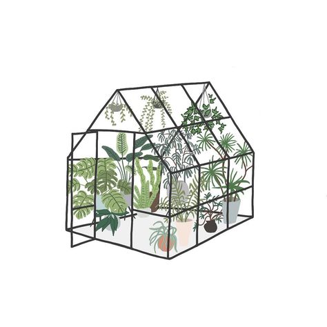 Green House Tattoo, Greenhouse Tattoo, Greenhouse Decoration, Greenhouse Drawing, Glass House Garden, Drawing Procreate, Greenhouse Plants, Garden Illustration, Minimalist Drawing