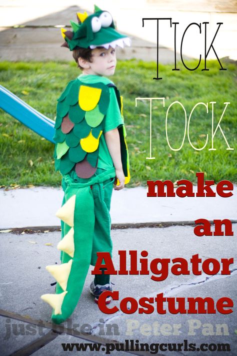 Make a crocodile costume! it isn't hard. Just grab your glue gun and come see how. I used basic pieces from thrift stores to make it easy, simple and fun! Crocodile Costume Diy, Croc Costume, Diy Crocodile, Peter Pan Crocodile, Alligator Costume, Peter Pan Halloween, Peter Pan Play, Tinkerbell Shoes, Crocodile Costume