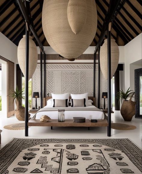 African Bedroom Decor Ideas Interior Design, Tahitian Interior Design, Bedroom African Style, African Hotels Interior Design, African Inspired Interior Design, African Inspired Bedroom, African Bedroom Ideas, Afro Boho Bedroom, African Bedroom