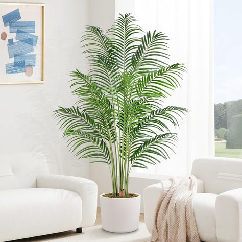 PRICES MAY VARY. This highly realistic artificial palm tree is made of durable and premium polyester material,the black pot base is covered by green wood chaff and hand-planted with real tree bark which is more realistic and natural than faux plastic bark, "looks so real, they're nearly green live plants!" This 6ft tall artificial palm tree has 18 smooth pristine trunks connected with up to 570 arching feather-like leaves with realistic texture, providing your coastal decor with an authentic and Farmhouse Modern Decor, Dypsis Lutescens, Areca Palm Plant, Fake Palm Tree, Areca Palm, Palm Plant, Faux Tree, Artificial Trees, Potted Trees