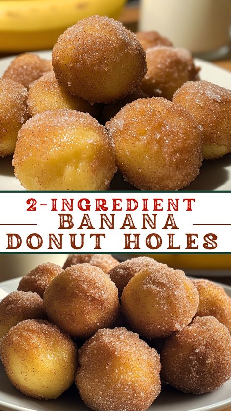 Sweet Snacks & Treats: 2-Ingredient Banana Donut Holes Two Ingredient Banana Donut Holes, Fried Banana Bites, 2 Ingredient Banana Donut Holes, Banana Donut Recipe, Snacks To Make With Bananas, 2 Ingredient Donut Recipe, Easy Banana Recipes 2 Ingredients, Healthy Donuts For Kids, Recipes With Pancake Mix Easy