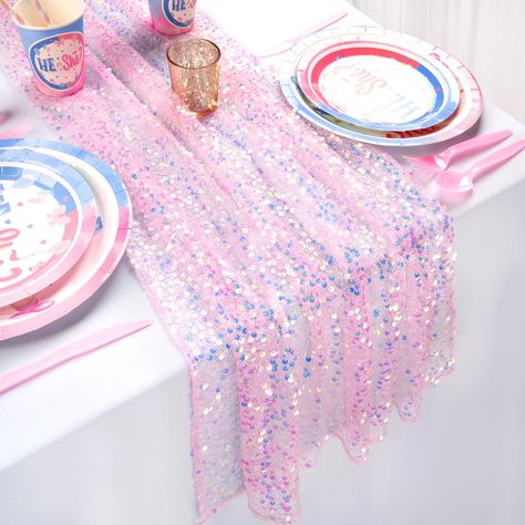 PRICES MAY VARY. 5mm Round Sequins Material With Mesh Fabric Backing Pink Table Runner Size: 1 piece of 25 Inches width 120 Inches length(10FT long) sequin table runner. It is fits for 6-10 seats table,sparkle table runners that can meet your themed dining table decoration needs. Glitter Table Runner:The iridescent table runner is made of 5MM round sequins material with mesh fabric backing. reliable and soft, not easy to fade, the sturdy construction makes the table runner of good durability, re Mermaid Table, Sweetheart Table Decor, Iridescent Mermaid, Table Rose, Mermaid Theme Birthday Party, Green Table Runner, Purple Table, Sequin Table Runner, Birthday Table Decorations