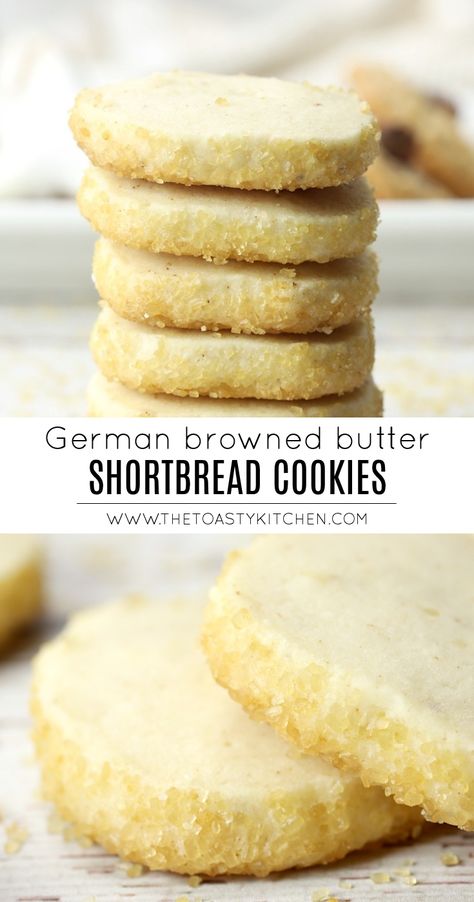 Heidesand, German brown butter shortbread cookies recipe by The Toasty Kitchen. Heidesand are German brown butter shortbread cookies. These tender slice and bake cookies are made with browned butter and rolled in turbinado sugar. #heidesand #brownbuttershortbread #shortbreadcookies #germancookies #shortbread #christmas #recipe #brownbutter Browned Butter Shortbread Cookies, Sweet Shortbread Cookies, Shortbread Butter Cookies, Homemade Shortbread Cookies, Brown Butter Shortbread Cookies, Flavored Shortbread Cookies, Browned Butter Cookies, Shortbread Flavors, German Butter Cookies Recipe