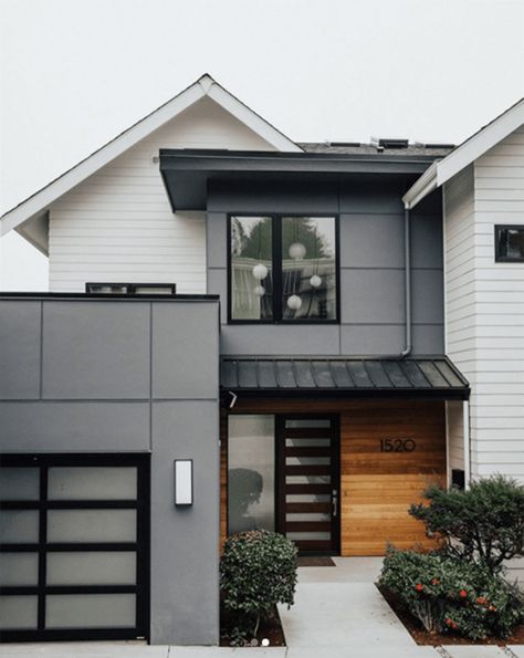 20 Inspiring Dark Exterior Homes Dark Grey Modern House Exterior, Modern Home Paint Exterior, Dark Grey Exterior House Colors Modern, House Colors Exterior Modern, Grey Facade House Modern, Exterior House Colors Modern, Dark Grey And Wood Home Exterior, Modern Contemporary Color Palette, Dark Grey Stucco House Exterior White Trim