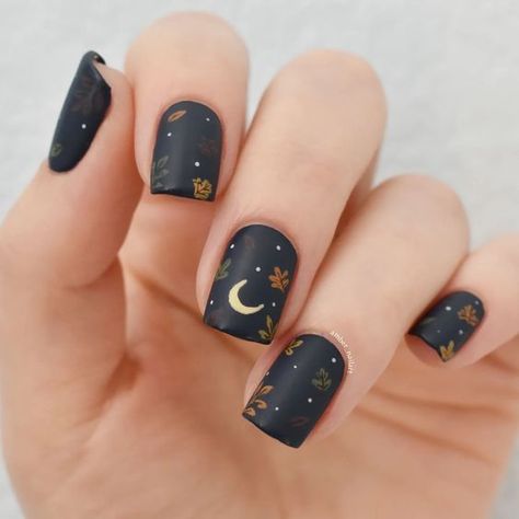 Nail Art by Amber | Autumn Moon ��🌙 . . . Products Used: @zoyanailpolish 'Sailor', 'Bee', 'Snow White', 'Cooper', 'Constance', 'Kateri' . @essie… | Instagram Fall Moon Nails, Firefly Nail Art, September Nail Art Ideas, Outlander Nails, Maine Nails, Autumn Nails Art, Camping Nails, Gel Nails Tutorial, October Nail Designs