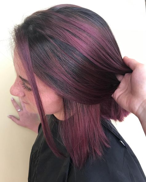 Blonde To Purple Ombre, Purple Bayalage Hair, Blonde Hair With Purple Streaks, Bayalage Hair, Purple Streaks, All Over Color, Aveda Color, Purple Ombre, Purple Hair