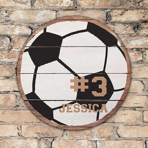 Personalized Round Wood Soccer Sign Soccer Room, Making Signs On Wood, Round Wood Sign, Back Painting, Soccer Gifts, Bedroom Bar, Bar Area, Rec Room, Diy Signs