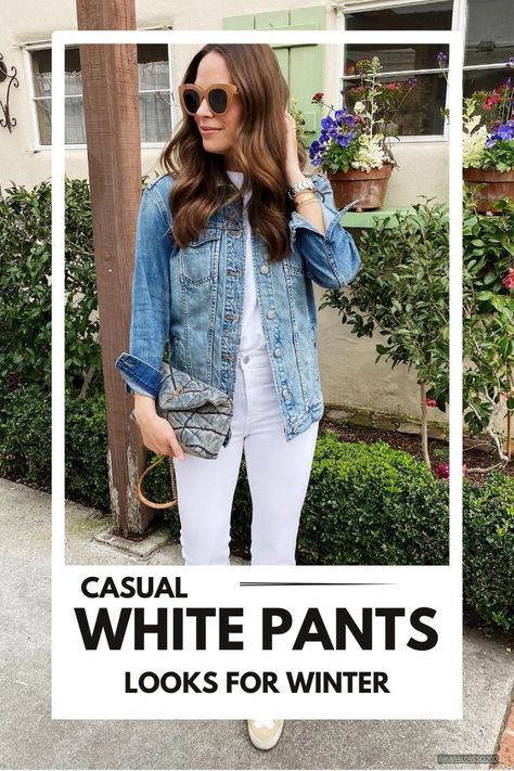 White Pants Looks for Winter Can You Wear White Pants In Winter, White Pants In Winter Outfits, White Jeans Winter Outfits, White Wide Leg Jeans Outfit Winter, How To Wear White Jeans In Winter, Winter White Jeans Outfit, White Pants Winter Outfit, Winter White Outfits For Women, Frayed Jeans Outfit