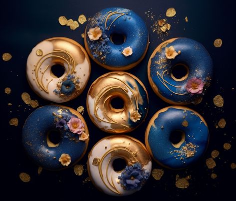 Gold Donuts, Donut Decorating Ideas, Biscuit Donuts, Donut Tower, Blue Donuts, Baking Art, Quinceanera Themes, Gold Palette, Blue Cakes