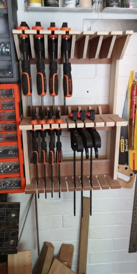 G Clamp Storage, Clamp Organization, Woodshop Storage, Clamp Rack Woodworking, Clamp Rack, Clamp Storage, Workshop Bench, Carpentry Workshop, Hardware Storage