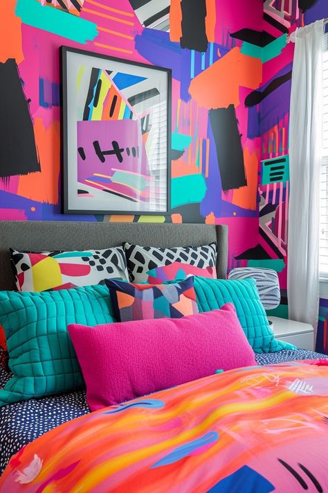 Wall Stamping, Bright Maximalist, Colorful Kids Bedroom, Bold Bedroom, Interior Murals, Teen Boy Room, Bright Decor, Dopamine Decor, Guest Bedroom Decor