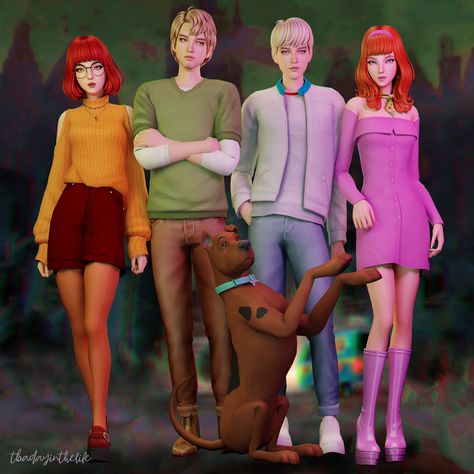 LOOKBOOK - Scooby Doo Gang All hairstyles made by me will be available on my Patreon throughout the month of May Velma - Chloe... Scooby Doo Gang, Velma Scooby Doo, Scooby Doo Dog, Chloe Sweater, Sims 4 Cas Mods, Sims 4 Anime, Daphne Dress, Sims 4 Characters, All Hairstyles